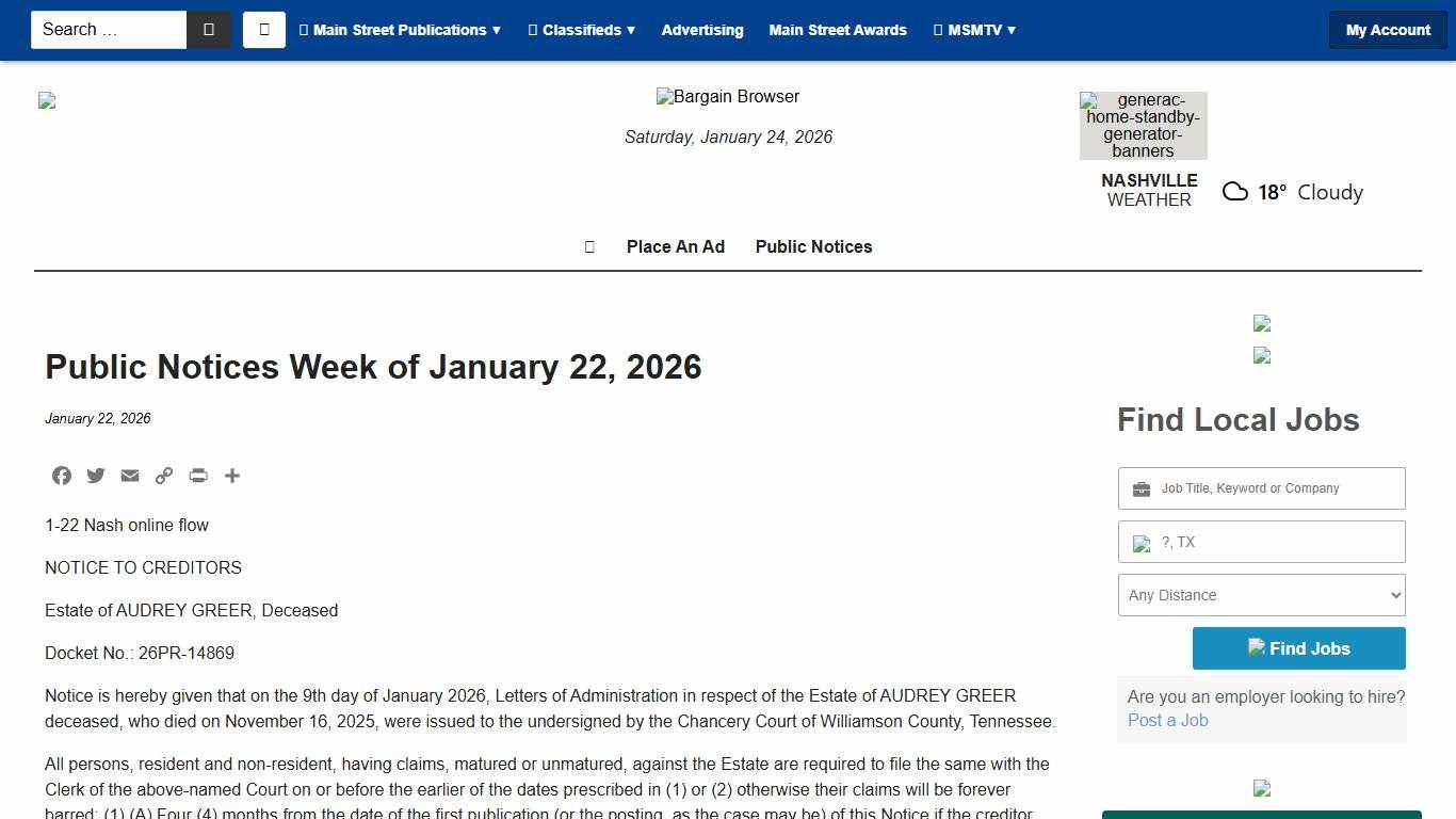 Public Notices Week of January 22, 2026 - Main Street Media of Tennessee