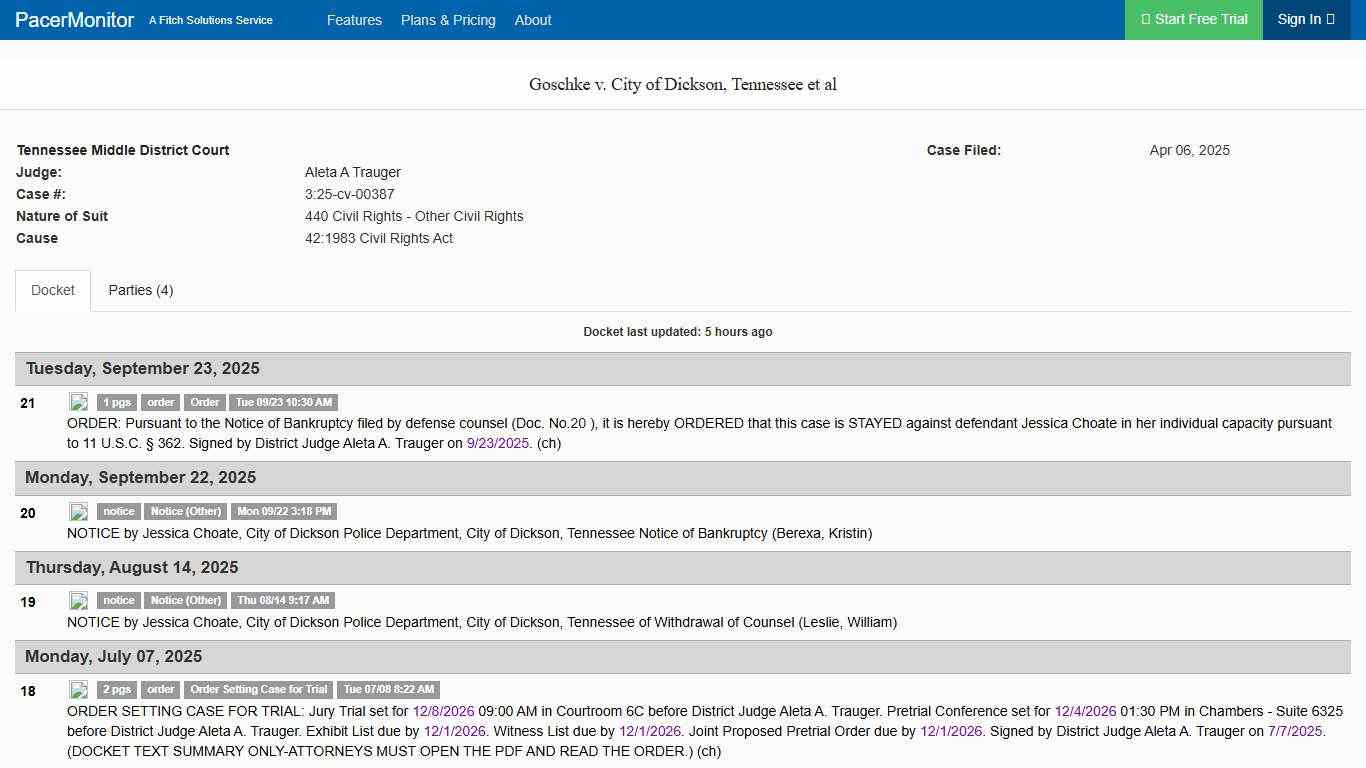 Goschke v. City of Dickson, Tennessee et al (3:25-cv-00387), Tennessee Middle District Court